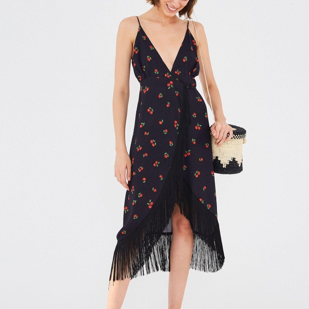 NWT - FARM Rio Black Pitanga Fringe Wrap Dress 🍒